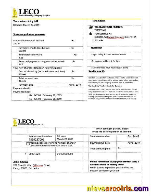 Sri Lanka LECO electricity bill